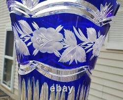 Cobalt Blue Cut To Clear Bohemian Crystal Vase 11.25 x 8 Heavy and nice