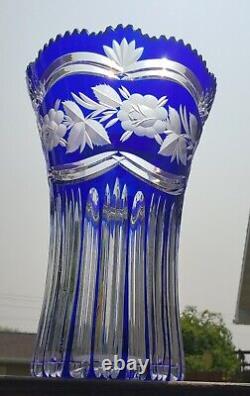 Cobalt Blue Cut To Clear Bohemian Crystal Vase 11.25 x 8 Heavy and nice