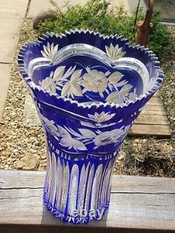 Cobalt Blue Cut To Clear Bohemian Crystal Vase 11.25 x 8 Heavy and nice