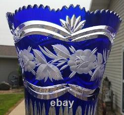 Cobalt Blue Cut To Clear Bohemian Crystal Vase 11.25 x 8 Heavy and nice