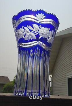 Cobalt Blue Cut To Clear Bohemian Crystal Vase 11.25 x 8 Heavy and nice