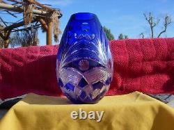 Cobalt Blue Cut To Clear Crystal Bohemian Czech Vase Vintage