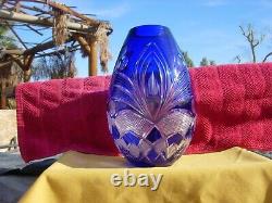 Cobalt Blue Cut To Clear Crystal Bohemian Czech Vase Vintage