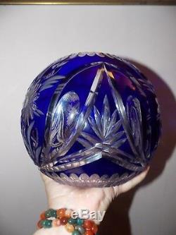 Cobalt Blue Cut To Clear Crystal Round Vase/Bowl floral