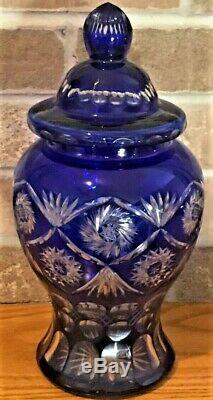 Cobalt Blue Cut to Clear Bohemian Czech Ajka Crystal Glass Urn Vase Lidded Jar