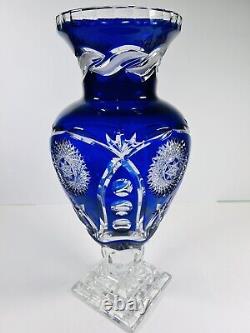 Cobalt Blue Cut to Clear Bohemian Czech Crystal Vase Etched Scene Heavy 16 Tall