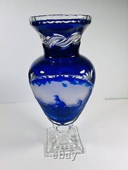 Cobalt Blue Cut to Clear Bohemian Czech Crystal Vase Etched Scene Heavy 16 Tall