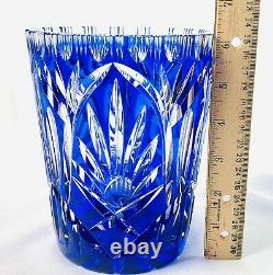 Cobalt Blue Cut to Clear Czech Bohemian Crystal Glass Vase 6.25 in Tall