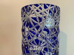 Cobalt Blue Cut to Clear Glass Crystal Cylinder Shaped Vase, Intricate Design