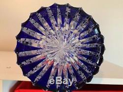 Cobalt Blue Cut to Clear Glass Crystal Cylinder Shaped Vase, Intricate Design