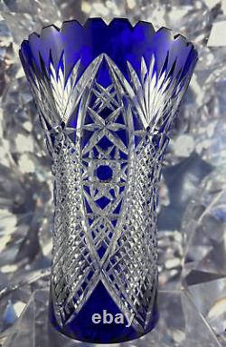 Cobalt Blue Cut to Clear Large Heavy Crystal Vase 10