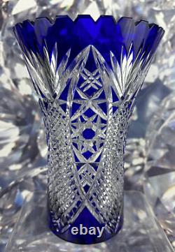 Cobalt Blue Cut to Clear Large Heavy Crystal Vase 10