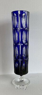 Cobalt Blue Sapphire Cut To Clear Crystal Pedestal Vase