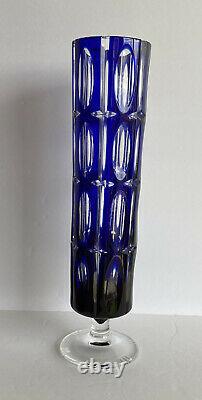 Cobalt Blue Sapphire Cut To Clear Crystal Pedestal Vase