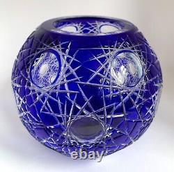 Cobalt Bohemian Crystal Cut to Clear Indigo Blue Rose Bowl Circle Glass Vase VTG