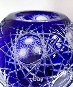 Cobalt Bohemian Crystal Cut to Clear Indigo Blue Rose Bowl Circle Glass Vase VTG