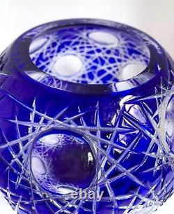 Cobalt Cut to Clear Bohemian Crystal Indigo Blue Rose Bowl Circle Glass Vase VTG