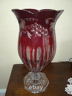 Cranberry Cut Crystal Vase 13 Footed Vintage