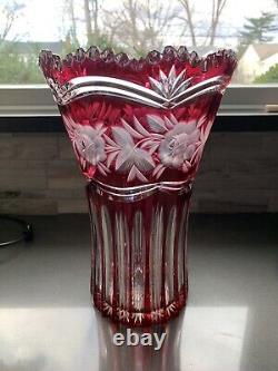 Cranberry Cut to Clear 13 Inches Rose Vase Detailed Excellent Condition