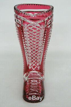 Cranberry Glass Cut to Clear Crystal Equestrian Boot Shoe Vase 1785B