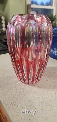 Cranberry Red Vase Hand Cut to Clear Czech Bohemian Glass Vase- Val St. Lambert
