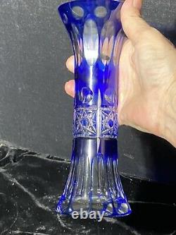 Cross Cut Bohemian Cobalt Blue Cut To Clear Crystal Czech Art Glass Vase 8.25