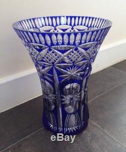 Crystal Bohemian Hand Cut Cobalt Blue Vase Czech Large Decorative