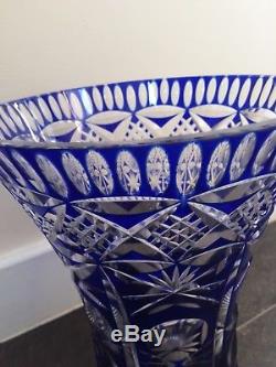 Crystal Bohemian Hand Cut Cobalt Blue Vase Czech Large Decorative