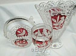 Crystal Cut Ruby Red Bleikristall Hofbauer Love Byrdes Fan Vase Wine Dish Bird