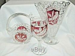 Crystal Cut Ruby Red Bleikristall Hofbauer Love Byrdes Fan Vase Wine Dish Bird