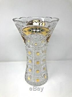 Crystal Glass Vase 12 Centerpiece Flower Hand Cut Gold Plated Bohemia NEW