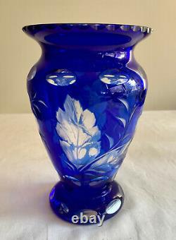 Crystal Glass Vase Blue Cut to Clear Intaglio 7 inch tall outside mouth 4 1/4 i