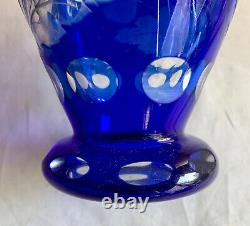 Crystal Glass Vase Blue Cut to Clear Intaglio 7 inch tall outside mouth 4 1/4 i