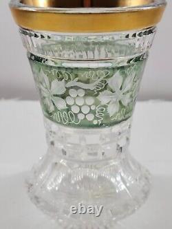 Crystal Vase Green Stained Cut to Clear Etched Floral Band Gold Trim