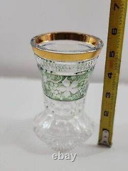 Crystal Vase Green Stained Cut to Clear Etched Floral Band Gold Trim