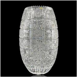 Cut Crystal Vase 11 3/4 Flowers Stars Made in Turkey Sawtooth Rim EV506