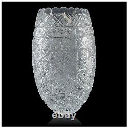 Cut Crystal Vase 11.5 Artist Signed Hash Marks Daisies Made in Turkey EV500