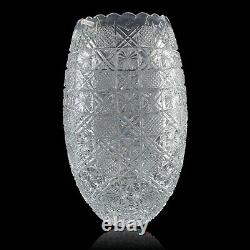 Cut Crystal Vase 11.5 Artist Signed Hash Marks Daisies Made in Turkey EV500