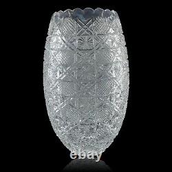 Cut Crystal Vase 11.5 Artist Signed Hash Marks Daisies Made in Turkey EV500