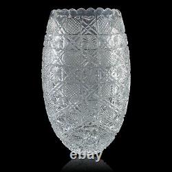 Cut Crystal Vase 11.5 Artist Signed Hash Marks Daisies Made in Turkey EV500