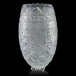 Cut Crystal Vase 11.5 Artist Signed Hash Marks Daisies Made in Turkey EV500