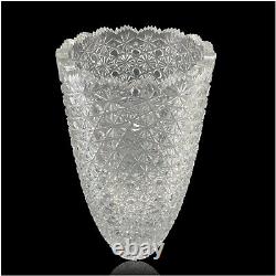 Cut Crystal Vase 14 1/2 Tall Artist Signed Buttons Daisies Sawtooth Rim TV201