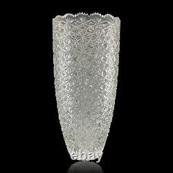 Cut Crystal Vase 14 1/2 Tall Artist Signed Buttons Daisies Sawtooth Rim TV201