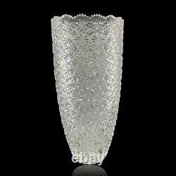 Cut Crystal Vase 14 1/2 Tall Artist Signed Buttons Daisies Sawtooth Rim TV201