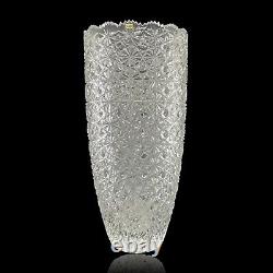 Cut Crystal Vase 14 1/2 Tall Artist Signed Buttons Daisies Sawtooth Rim TV201