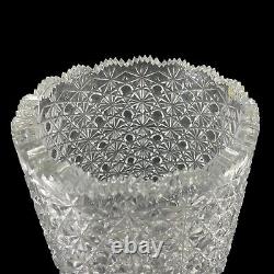 Cut Crystal Vase 14 1/2 Tall Artist Signed Buttons Daisies Sawtooth Rim TV201