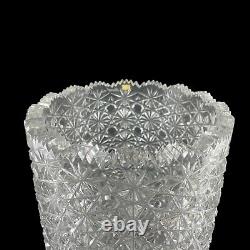 Cut Crystal Vase 14 1/2 Tall Artist Signed Buttons Daisies Sawtooth Rim TV201