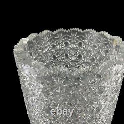 Cut Crystal Vase 14 1/2 Tall Artist Signed Buttons Daisies Sawtooth Rim TV201