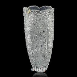 Cut Crystal Vase 14 1/2 Tall Artist Signed Buttons Daisies Stars Sawthooth Rim