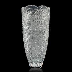 Cut Crystal Vase 14 1/2 Tall Artist Signed Buttons Daisies Stars Sawthooth Rim